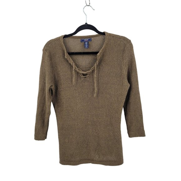 Vtg Chaps Denim Womens Army Green Open Knit Sweater Sz M Tie Neck Casual Grunge - Picture 1 of 8